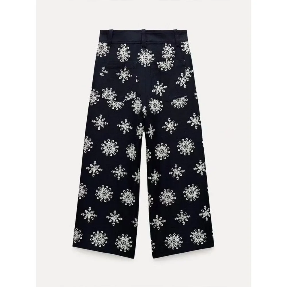 ZARA CONTRAST EMBROIDERED CULOTTES ZW COLLECTION NAVY BLUE
